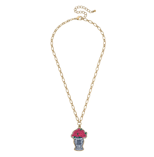 Stuck on You Ginger Jar with Roses Patch Necklace - Pink & Blue Necklaces Canvas   