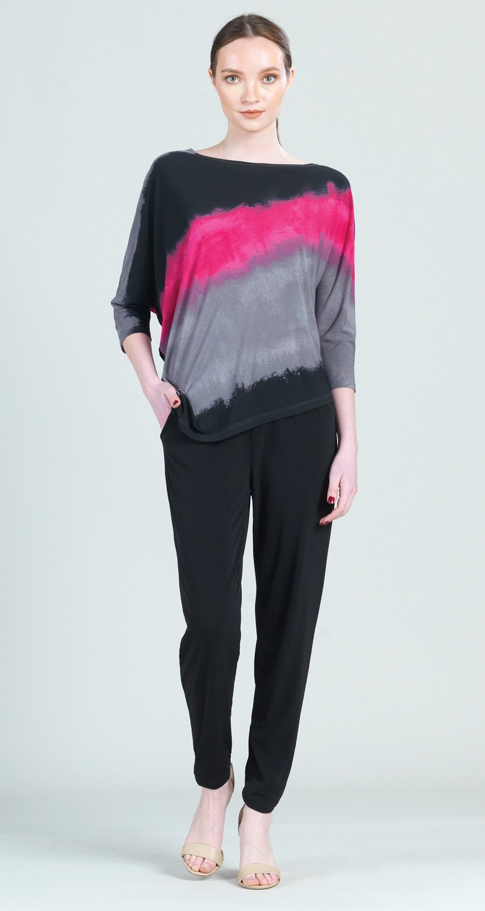 Ombre Print Half & Half Sleeve Angle Hem Top - Fuchsia Women's Clothing Clara Sun Woo   