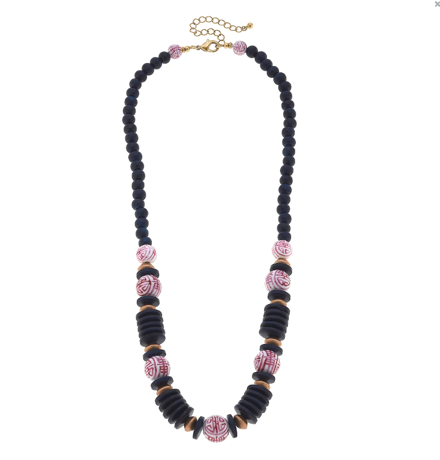 Winslow Pink & White Chinoiserie and Wood Necklace - Navy Necklaces Canvas   