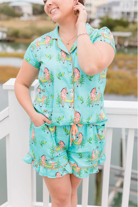 Zebra Garden Luxe Ruffled Pajamas Summer Set Women's Clothing Jayes Studio   