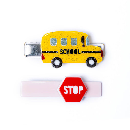Yellow Bus & Red Stop Sign Alligator Clips Kids Hair Accessories Lilies & Roses   