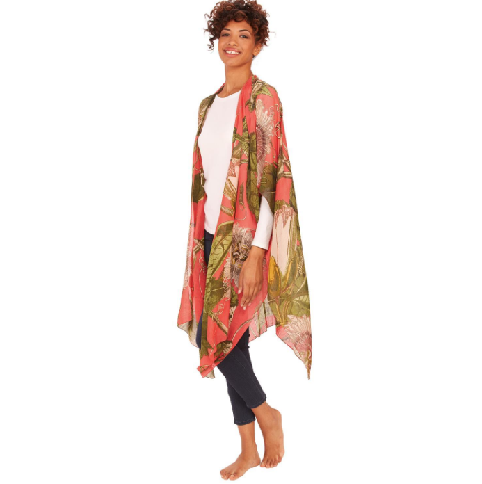Coral Passion Flower Long Kimono Women's Clothing Two's Company   