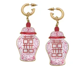 Blaire Enamel Ginger Jar Double Happiness Earrings in Pink & White Women's Jewelry Canvas   