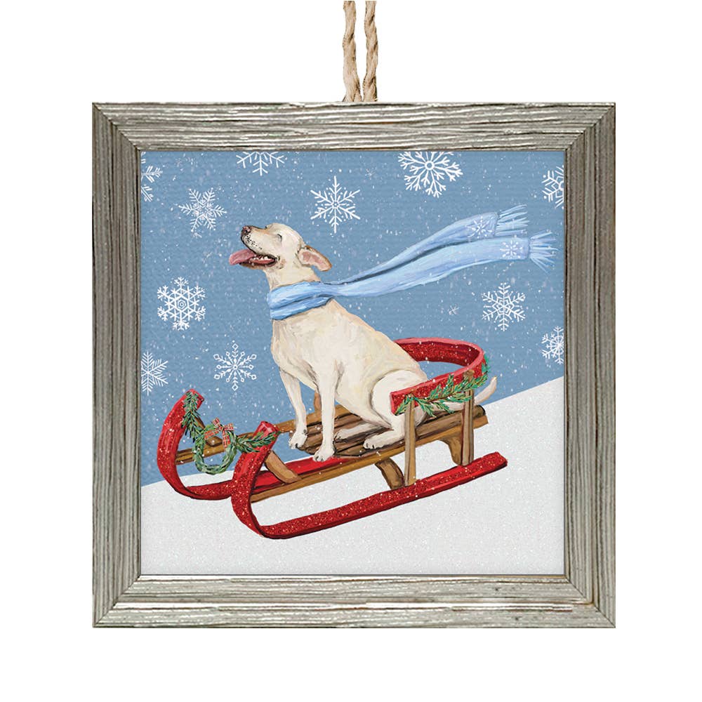 Holiday Dashing Through The Snow Lab Wooden Framed Ornament Seasonal GreenBox Art   