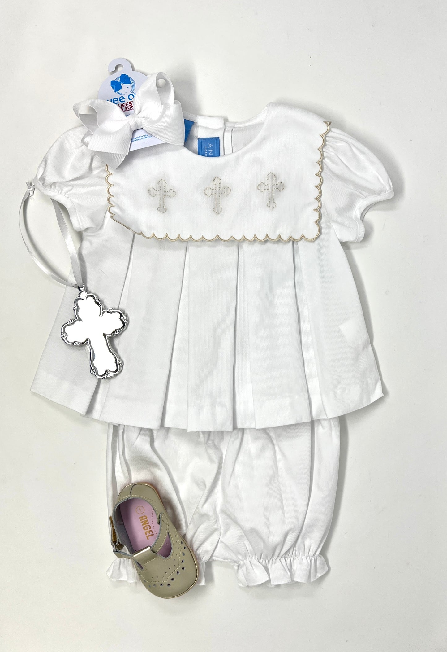 Girl's White Pique Bloomer Set with Crosses Girls Sets Anavini   