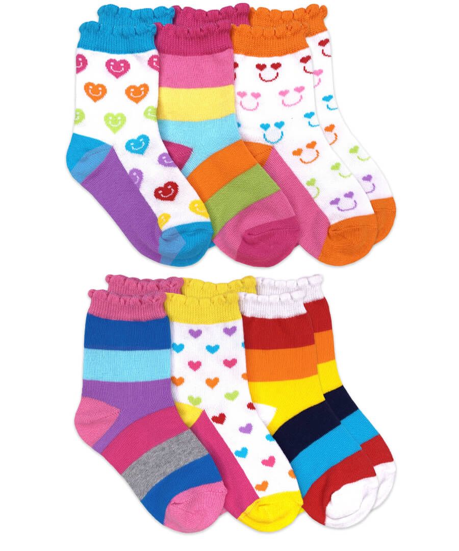Rainbow Stripes Hearts Smiley Face Crew Socks 6 Pair Pack Accessories Jefferies Socks   