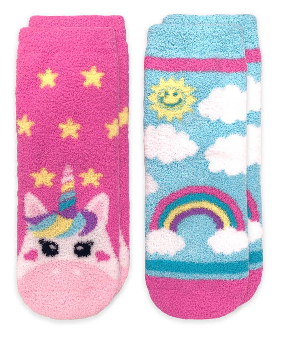 Unicorn and Rainbow Fuzzy Non-Skid Slipper Socks 2 Pair Pack Kids Socks + Tights Jefferies Socks   